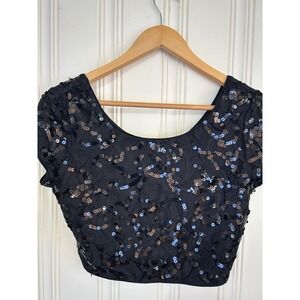 Express Womens S Black Y2K Sequin Crop Top Short Sleeve Party Glam Sparkle Club